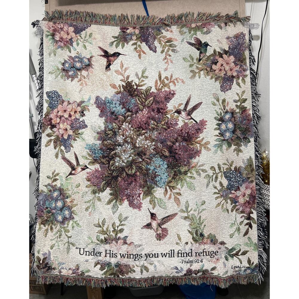 Whisper Wings Throw, Psalm 91:4, Florals and Hummingbirds by Lena Liu, 50" x 60"
